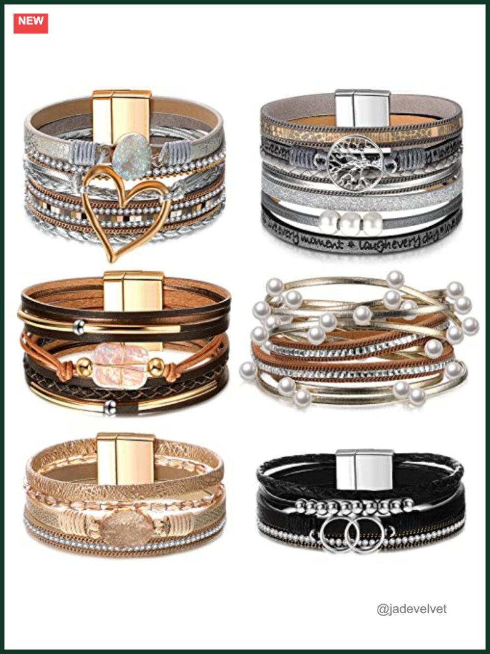 6pcs Boho Stackable Leather Bracelet Set with Magnetic Clasp